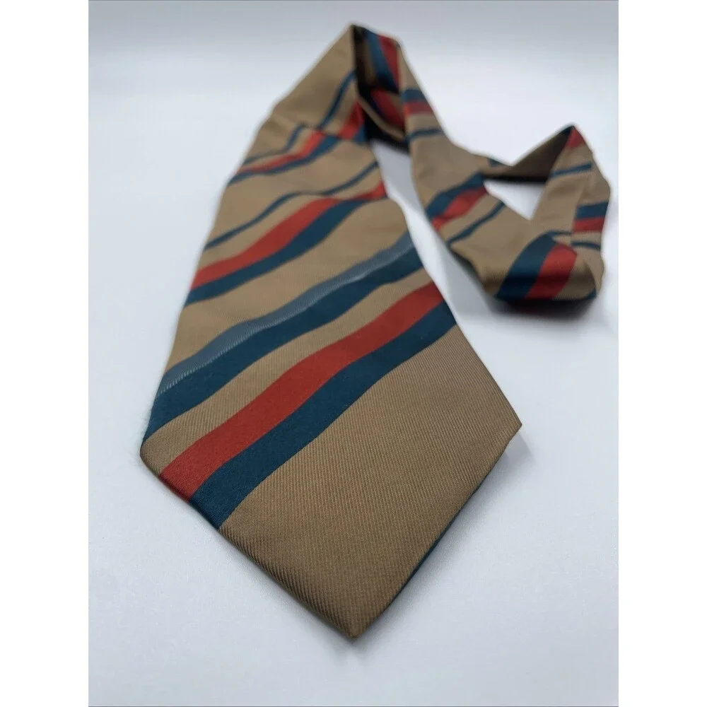 Gianni Versace Tie Men's 100% Silk Gold Brown W Red Blue Stripes Made in Italy